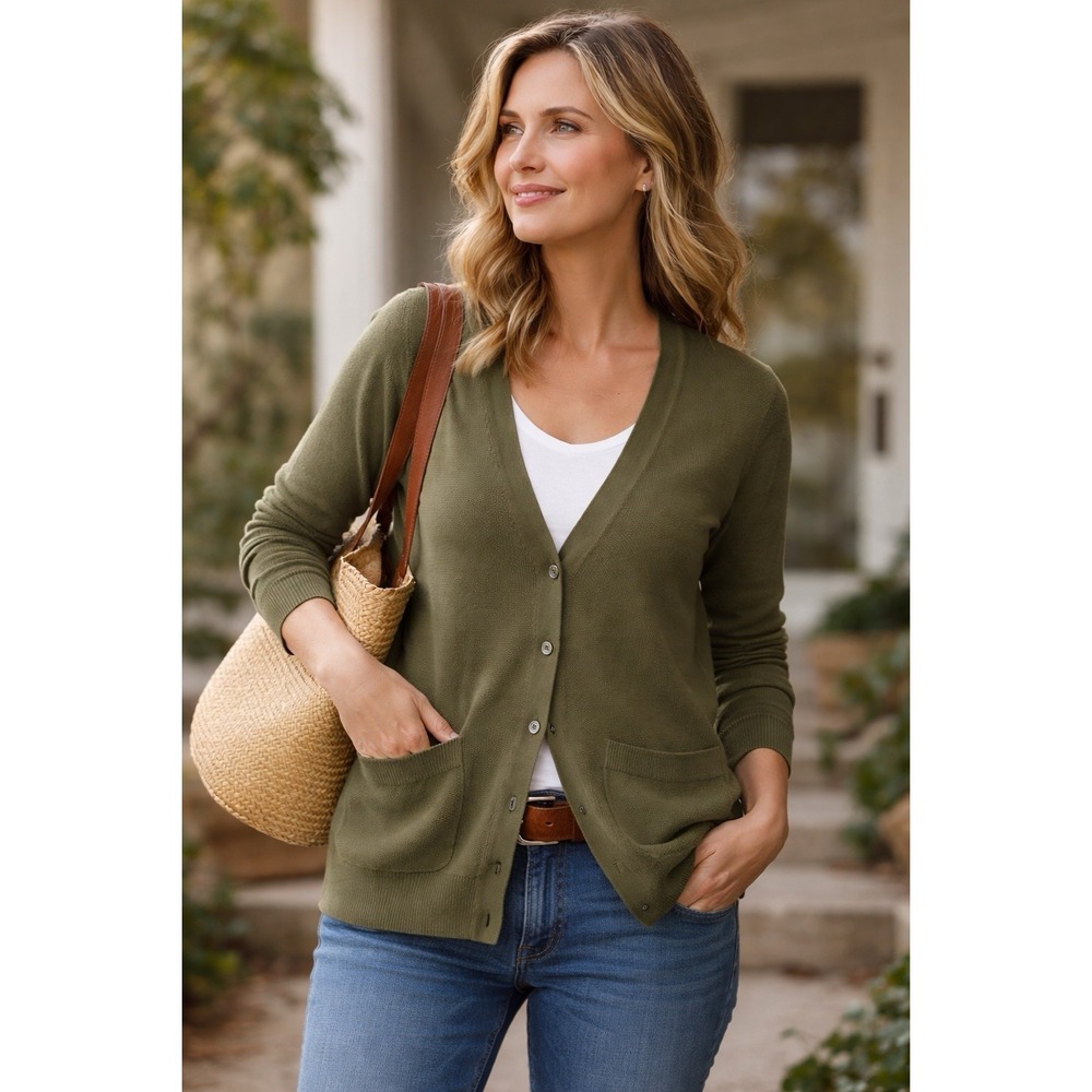 Madewell Olive Green Cardigan Sweater M Cotton Cozycore Pockets Button
